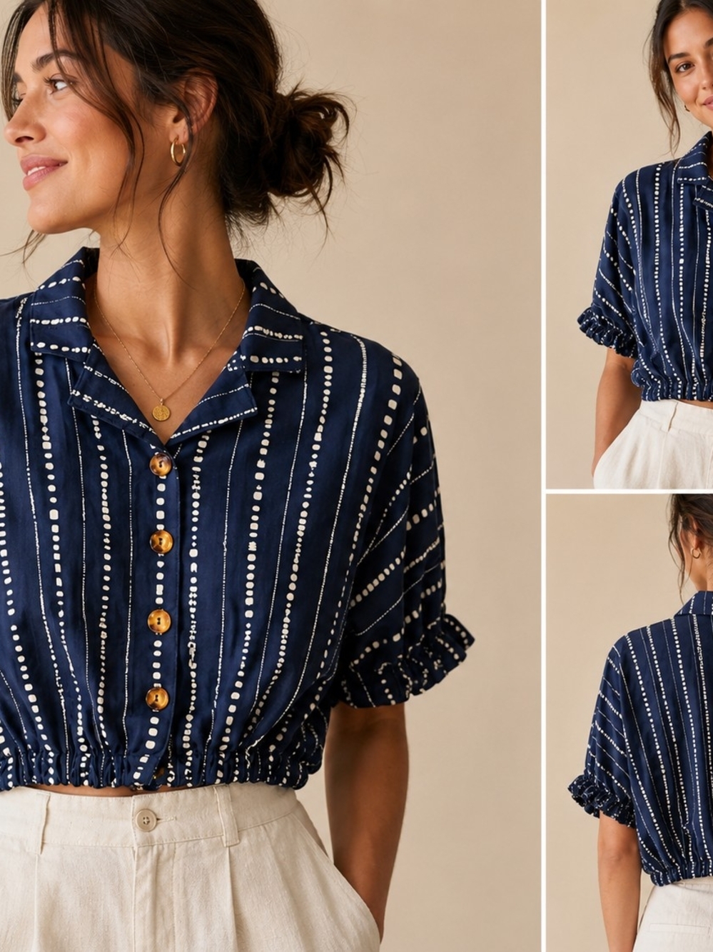 Women’s Navy Dot-Stripe Button Front Crop Shirt